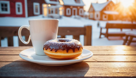 Cup of coffee and donut on wooden table in the morningの素材