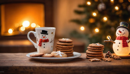 Cup of coffee and cookies on wooden table near christmas treeの素材