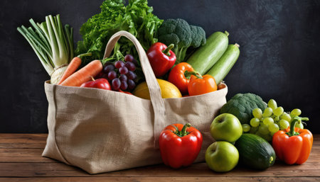 Fresh vegetables and fruits in reusable shopping bag. Zero waste concept.の素材