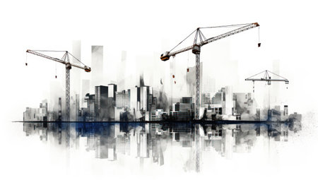 Building cranes on a background of the city. 3d renderingの素材