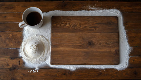 Cup of coffee and snow on a wooden table, top viewの素材