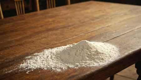 White wheat flour on a wooden table in a bakery or bakery.の素材