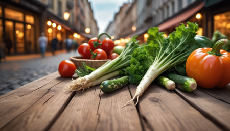 Vegetables on a wooden table in the old town of Lviv, Ukraineの素材
