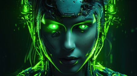 3d rendering of a female robot with green lights on her faceの素材