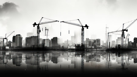 Silhouette of construction site with cranes and reflection in waterの素材