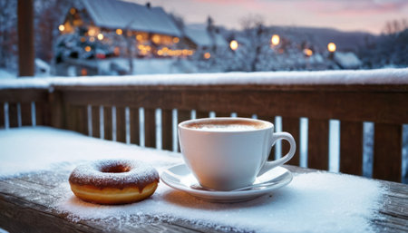 Cup of coffee with donut on wooden terrace in winterの素材