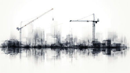 Double exposure of construction cranes and building silhouettes over water.の素材