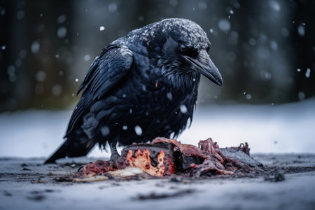 Crow eating a piece of meat on a snowy winter day.の素材
