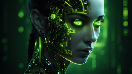 Cyborg woman face with glowing lights 3d rendering on green backgroundの素材