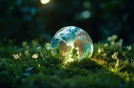 Globe in the forest with green grass and flowers. Global warming concept.の素材