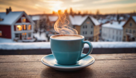 Cup of coffee on a wooden table in front of a beautiful winter landscapeの素材
