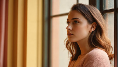 Portrait of a beautiful young woman in a pink sweater standing near the windowの素材
