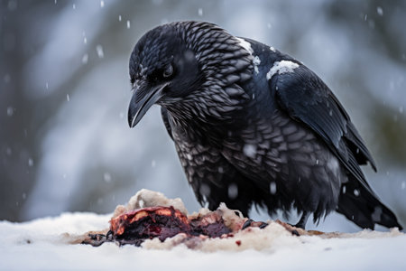 Jackdaw, Corvus corax, single bird on snow, UKの素材