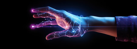 Hand holding glowing polygonal network on dark background 3D renderingの素材
