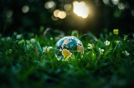 Globe on grass with bokeh background. Earth day concept.の素材
