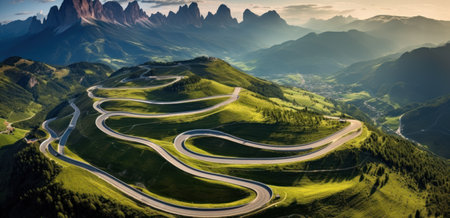 Panoramic view of the winding road in the Dolomitesの素材