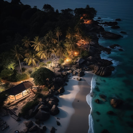 Tropical beach at night with palm trees and bungalowsの素材