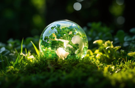 Glass globe on green grass with bokeh background. Ecology concept.の素材