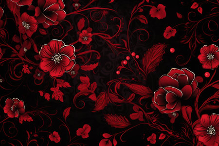 abstract red flowers on a black background with a pattern in the style of baroqueの素材