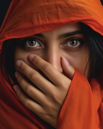 Closeup portrait of a beautiful young woman covering her face with a red scarfの素材