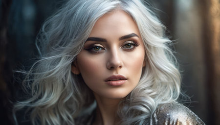 Close-up portrait of a beautiful young woman with blonde hair.の素材