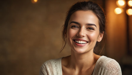 Portrait of a beautiful young woman smiling and looking at the cameraの素材