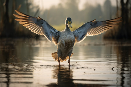duck on the lake in the morning. beautiful photo digital pictureの素材