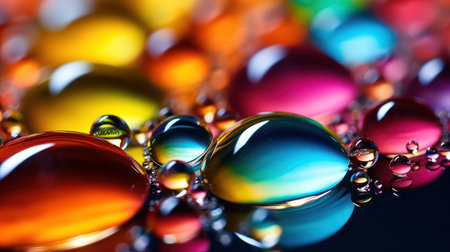 Macro shot of colorful water drops on glass surface with shallow depth of fieldの素材