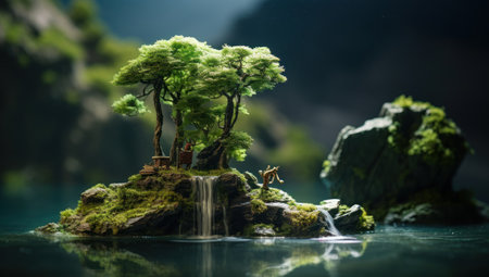 Miniature tree and waterfall on green moss background. Fantasy concept.の素材