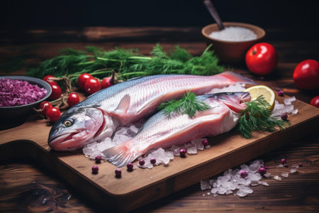 Fresh raw rainbow trout fish with herbs and spices on wooden cutting boardの素材