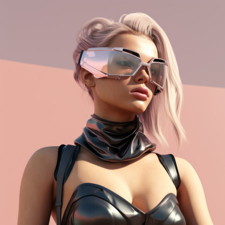 3D Illustration of a beautiful woman wearing a futuristic outfit and sunglassesの素材
