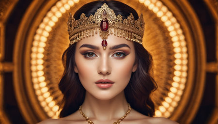 Portrait of a beautiful young woman in a golden crown. Luxury make-up.の素材