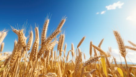 Wheat field. Ears of golden wheat close-up on a background of blue sky.の素材