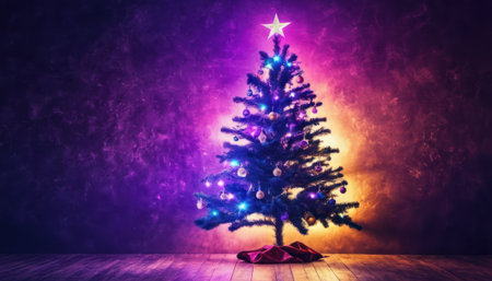 Christmas tree with decorations and lights in front of a grunge backgroundの素材