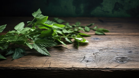 Fresh mint leaves on wooden table. Selective focus. Toned.の素材