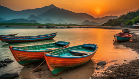 Colorful fishing boats on the beach at sunset in Khao Sok National Park, Thailandの素材