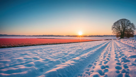 Sunset over a field covered with snow in winter. Landscape.の素材
