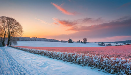 Beautiful winter landscape with snow covered fields in the countryside at sunsetの素材