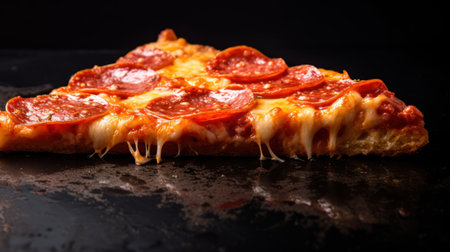 Pepperoni pizza with melted cheese on a black background. Toned.の素材