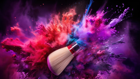Makeup brush and colorful paint splashes isolated on black background.の素材