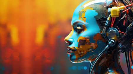 Cyborg woman portrait. 3d rendering toned image double exposureの素材