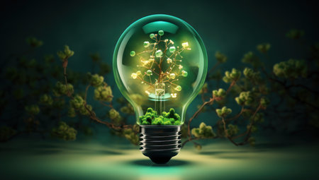 Glowing light bulb with tree inside, concept of green energy. 3D renderingの素材