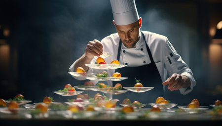 Chef decorating a plate with fruits and vegetables in a restaurantの素材