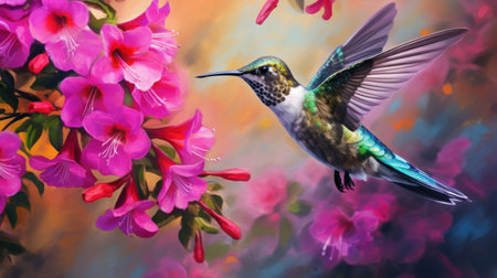 Hummingbird with pink flowers in the background. Collage.の素材