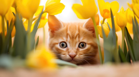 Cute ginger kitten and yellow tulips on a light background.の素材