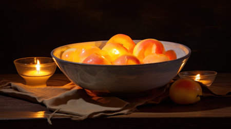 Bowl of apricots and candles on a wooden table.の素材