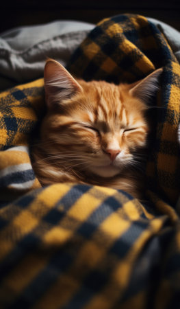 Cute ginger cat sleeping under plaid blanket. Fluffy pet.の素材