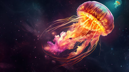 Jellyfish in outer space. Colorful jellyfish. 3D renderingの素材