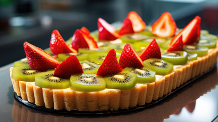 Fruit tart with strawberry, kiwi and banana on topの素材