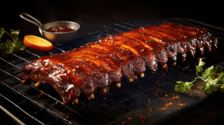 Roasted pork ribs with barbecue sauce on black background, close upの素材